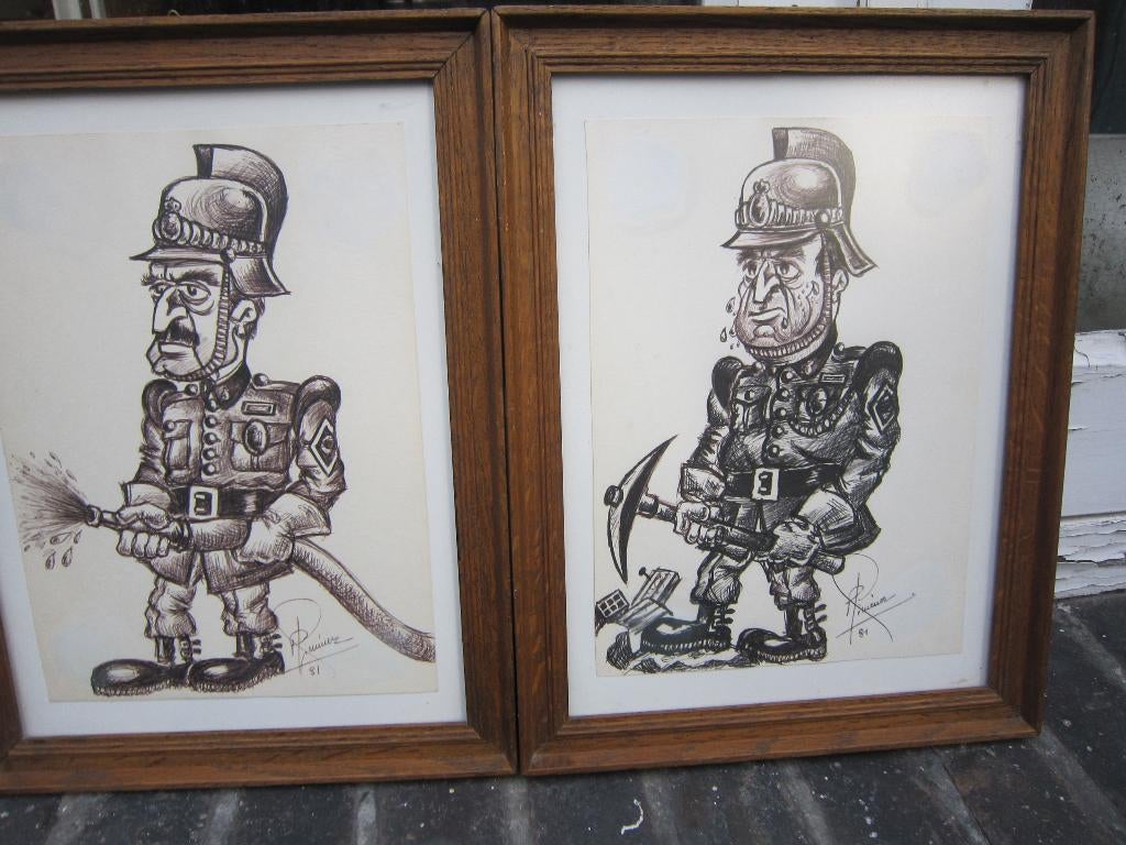 2 leuke Litho's /Prenten Actieve brandweerlieden, Ophalen of Verzenden