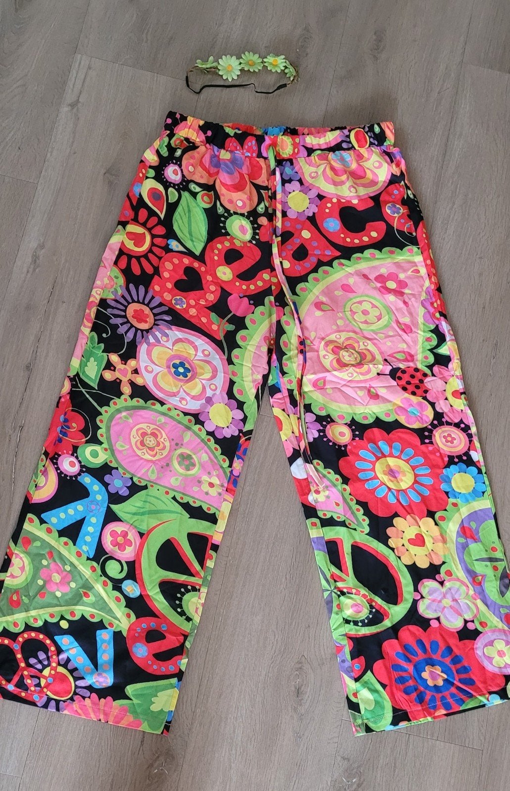 Hippie broek met bloemenhoofdband - Maat xl, Carnaval, Maat 46/48 (XL) of groter, Nieuw, Ophalen of Verzenden