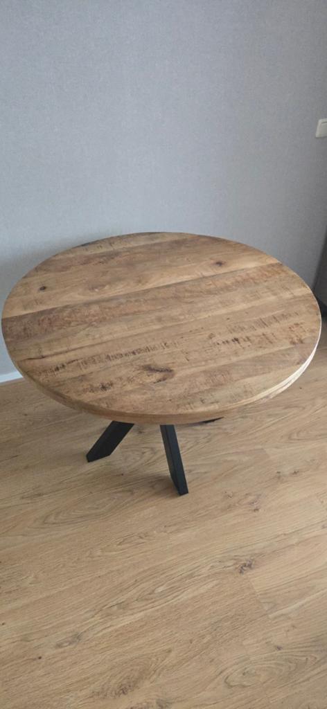 Industriële mangohouten eettafel rond 110cm | ZGAN, Gebruikt, Rond, Ophalen, Overige houtsoorten
