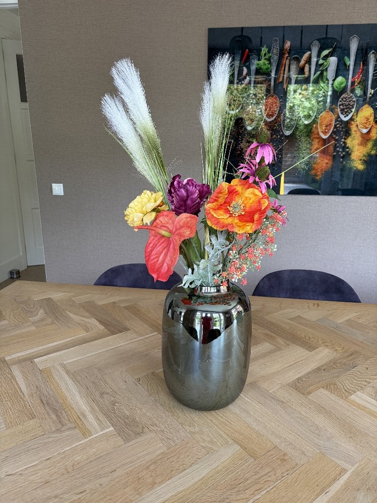 Actie 1 + 1 gratis: Kunstbloemenboeket met glazen vaas, Binnen, Ophalen of Verzenden, Boeket, Inclusief kunstbloemen