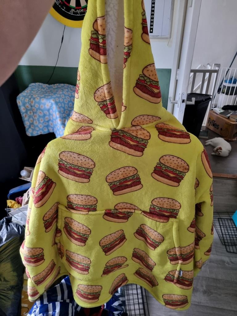 Oversized hoodie met hamburgerprint, Kleding | Dames, Ophalen, Geel, Maat 46/48 (XL) of groter, Onbekend