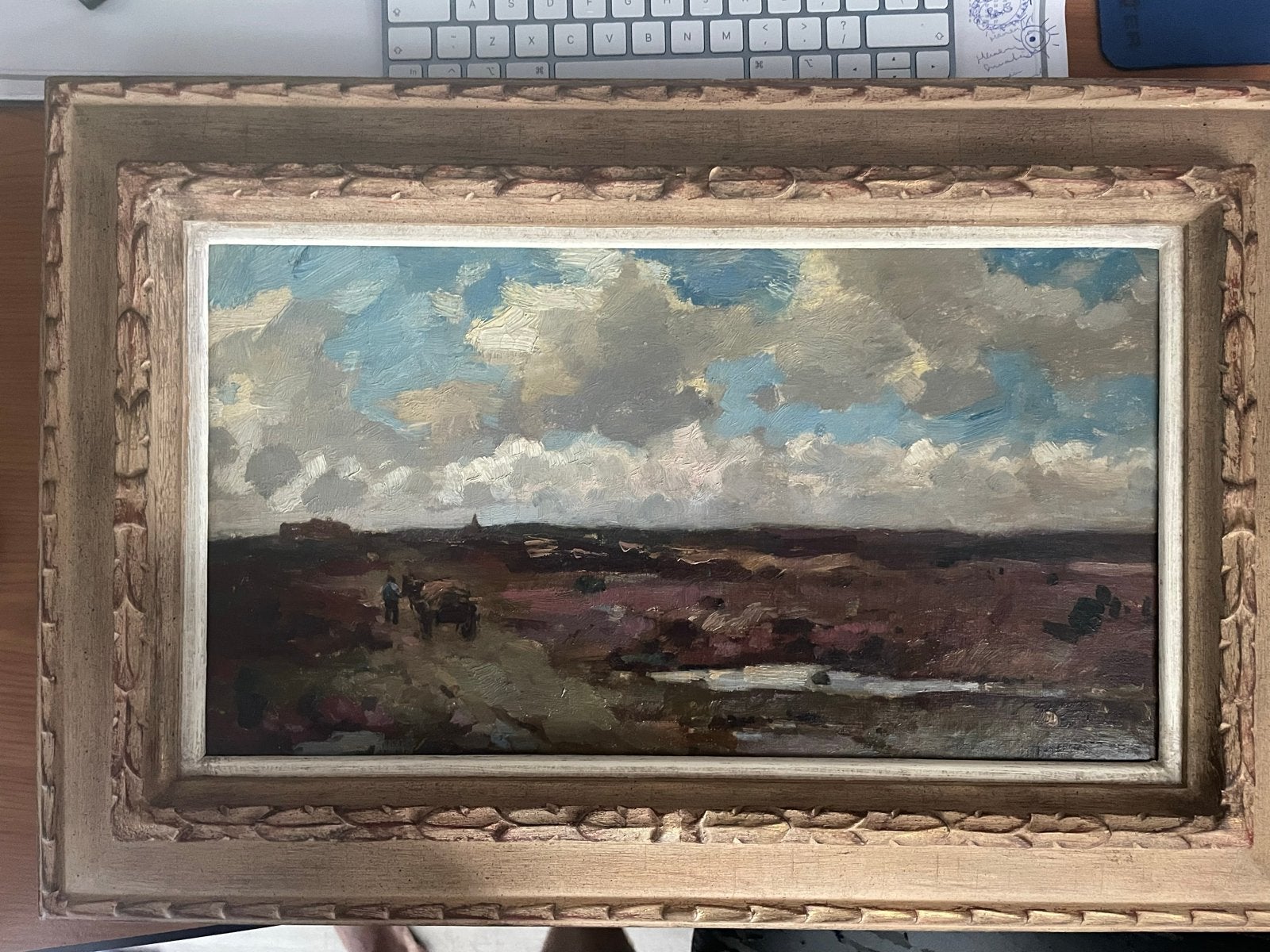Landschap met man, paard en wagen - Henk van Leeuwen, Doek, Realistisch, Ophalen of Verzenden, Gesigneerd