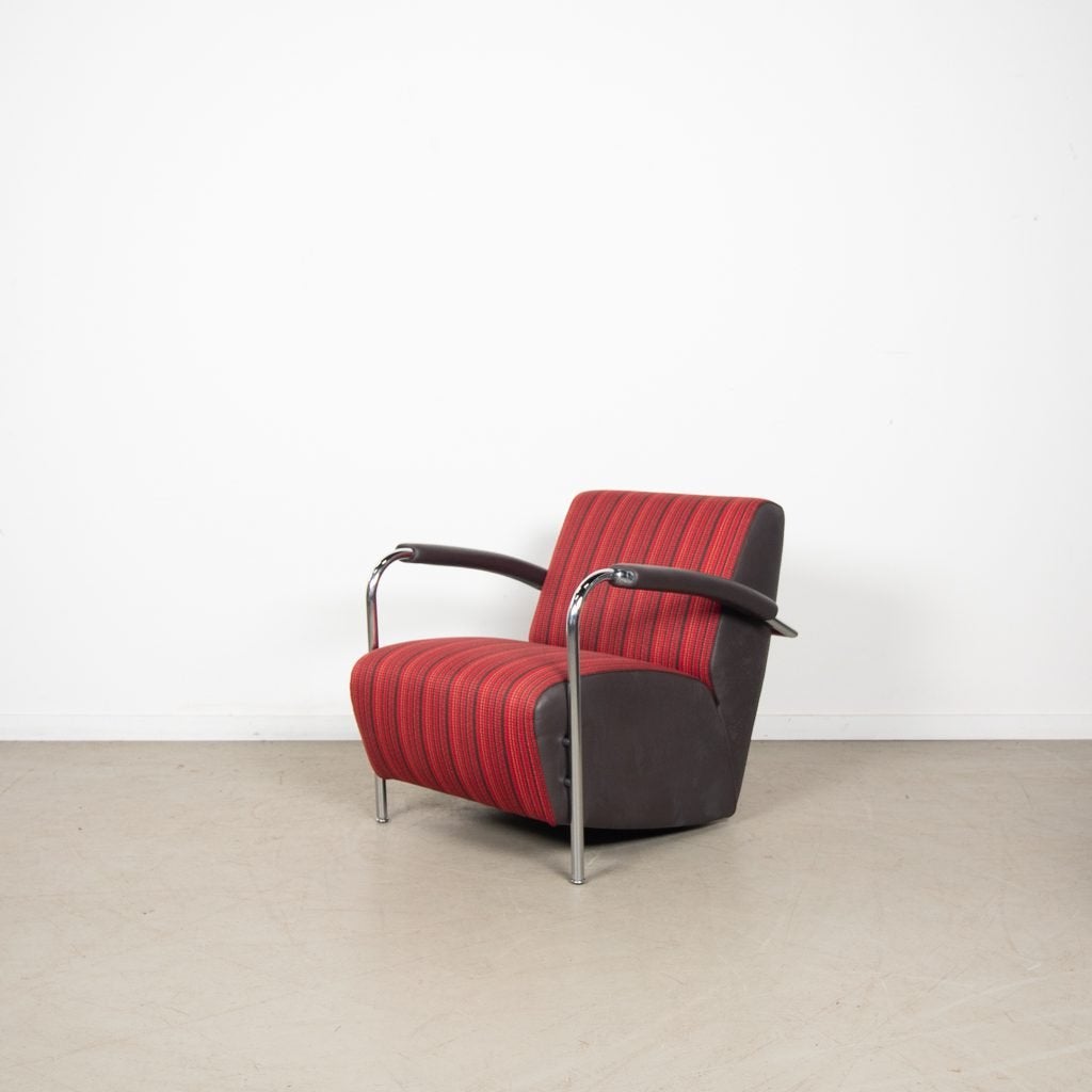 Leolux Scylla Laag Fauteuil Bruin/Rood Leer/Stof, Niet ingevuld, Zo goed als nieuw, Niet ingevuld, Niet ingevuld