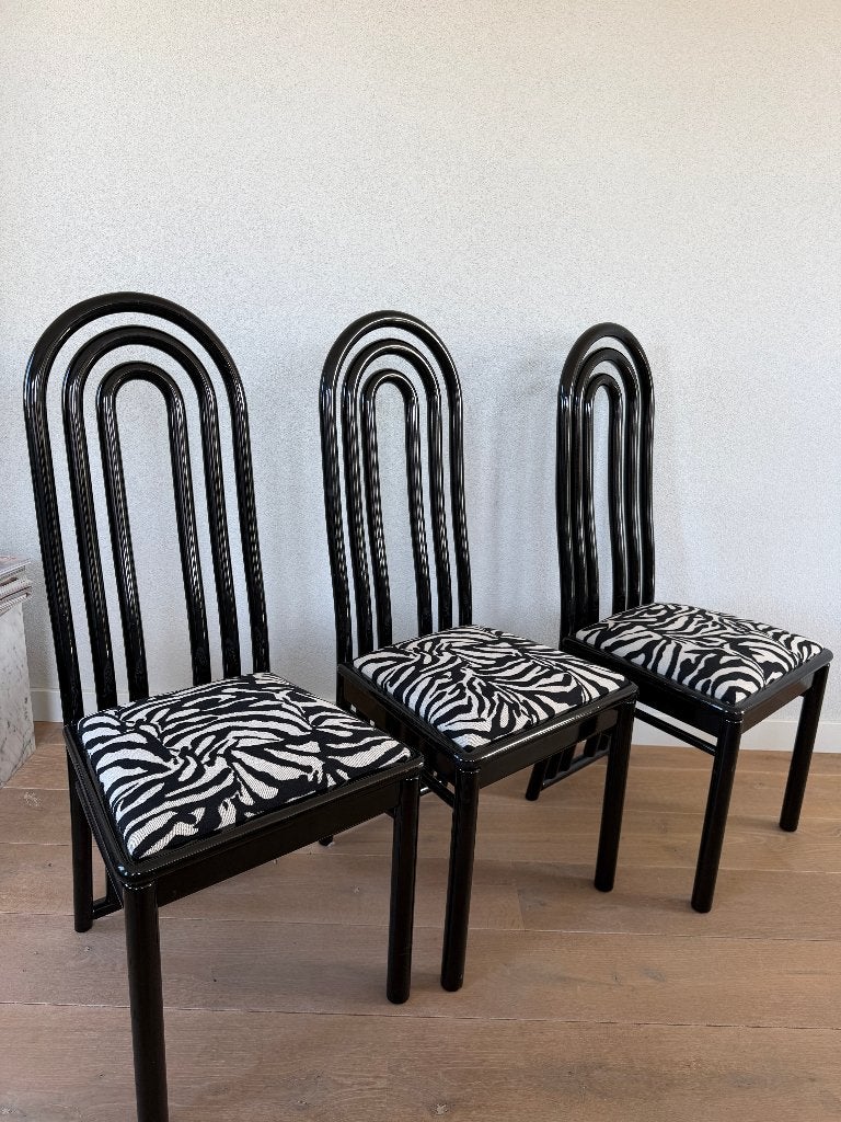3 postmoderne eetkamerstoelen zebra 80/90 memphis rond zwart, Ophalen, Zwart, Zo goed als nieuw, Stof