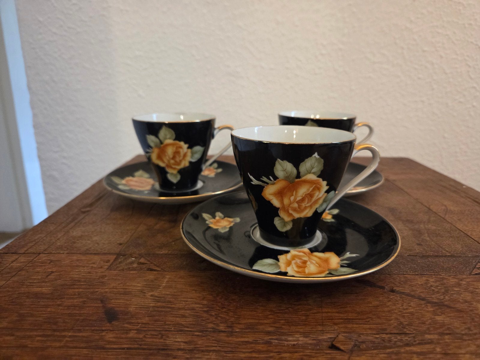 3 Vintage Bareuther Bavaria theekopjes en schotels - Zwart, Ophalen of Verzenden