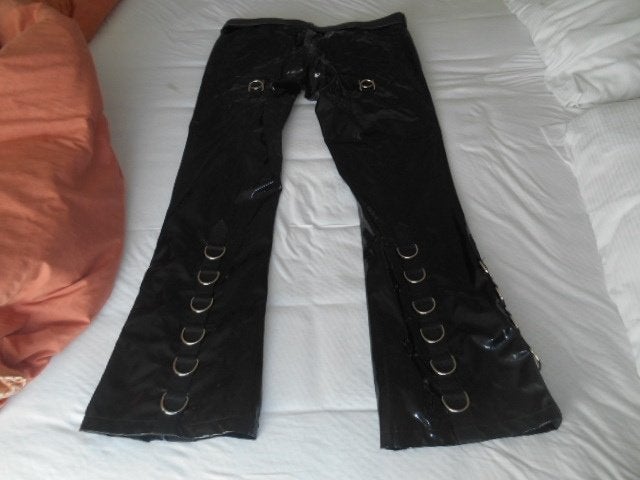 Zwarte glanzende party lak broek met brede pijpen en ringen, CM, Verzenden, Zwart, Maat 56/58 (XL)