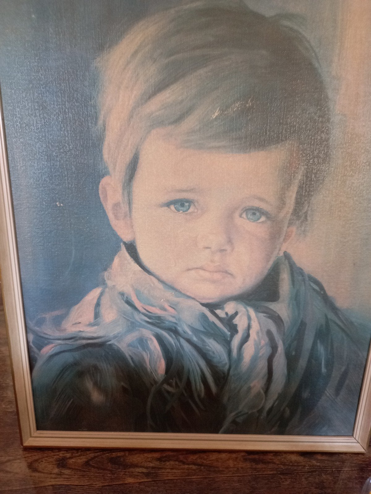 Vintage Portret Schilderij Jongen met Blauwe Ogen, Doek, Portret of Personen, Realistisch, Ophalen of Verzenden