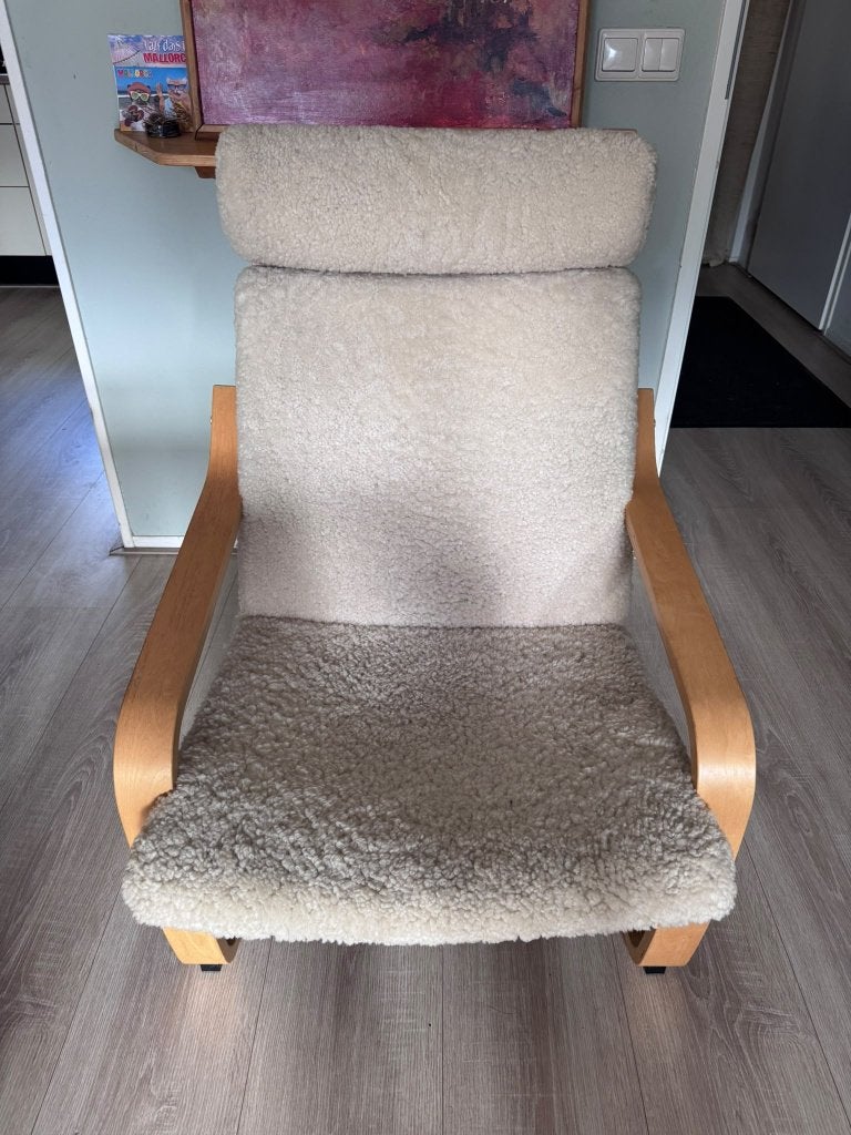 IKEA POÄNG fauteuil met lamswol/schapenvacht hoes, Ophalen, Gebruikt, Hout, 75 tot 100 cm