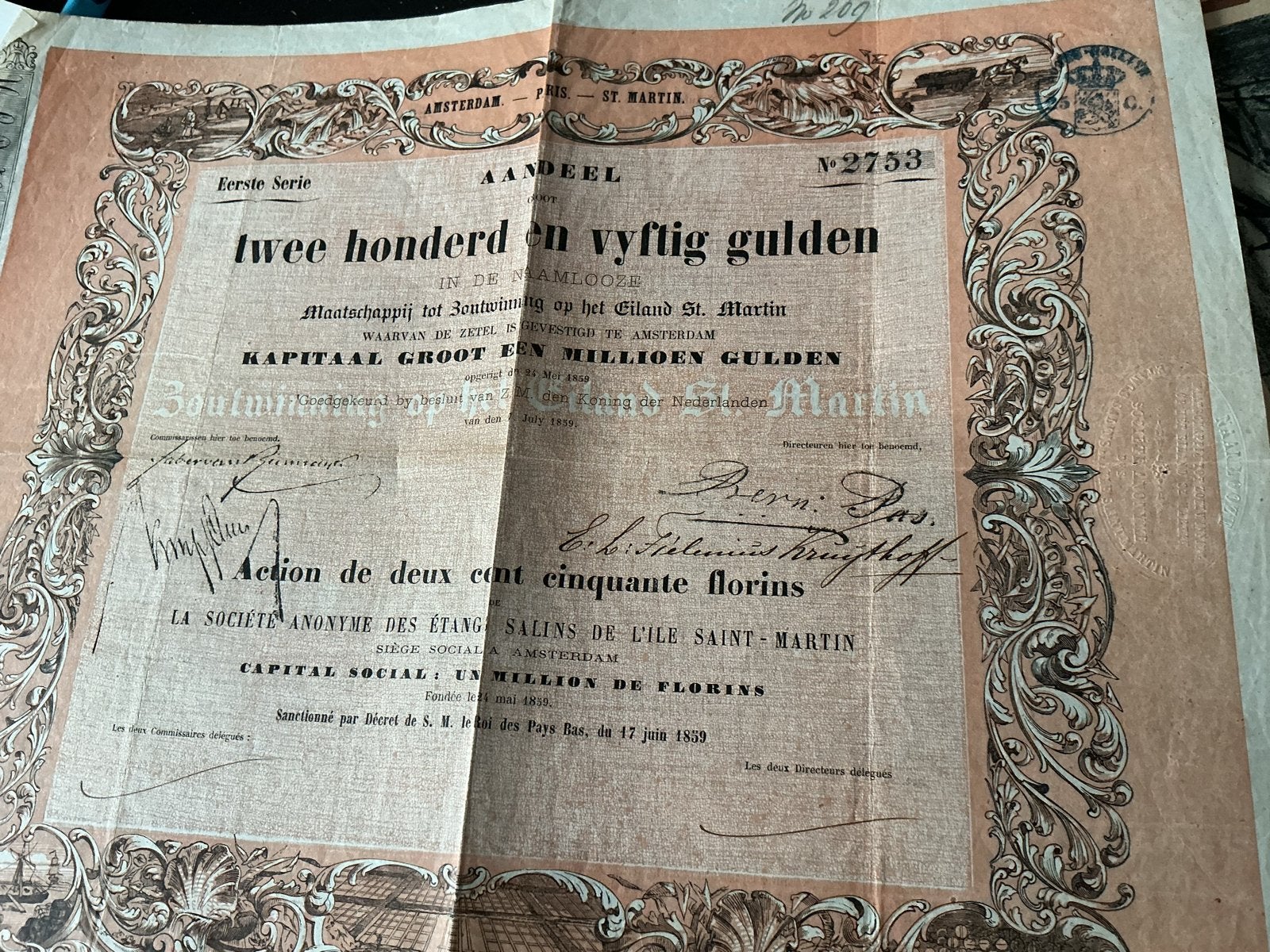 Oud aandeel Maatschappij tot Zoutwinning St. Martin 1869, Verzenden, Voor 1920, Aandeel