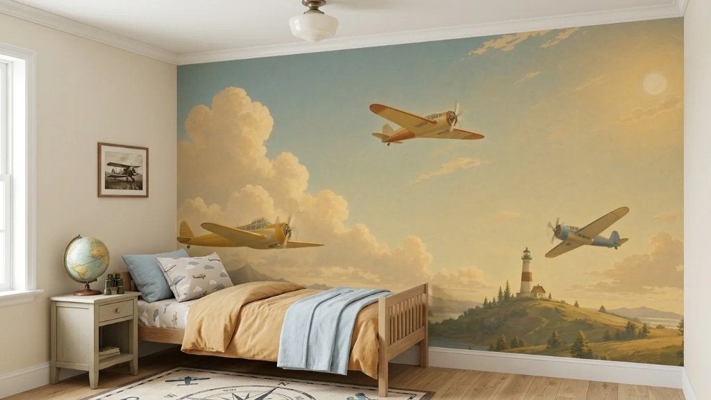 Vliegtuig behang kinderkamer – propellers bij vuurtoren