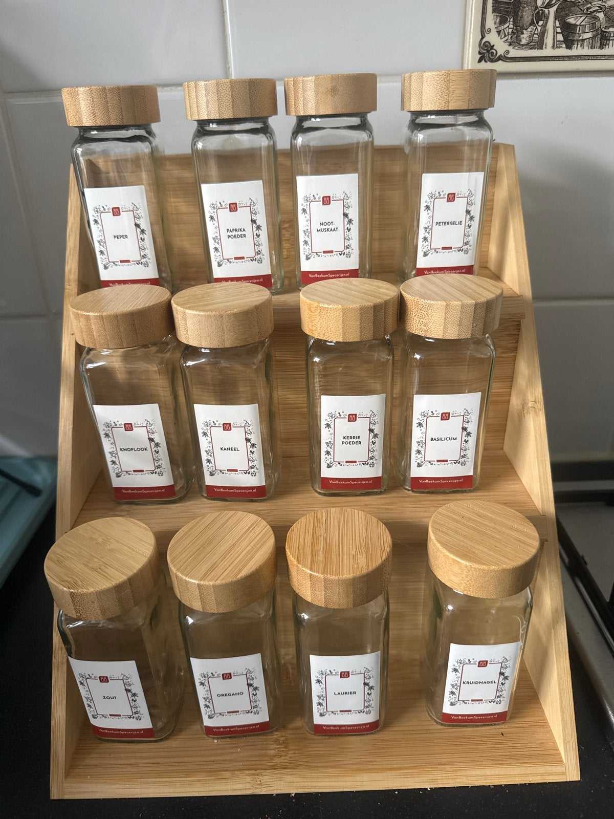 Kruidenrek met 12 glazen potjes en bamboe deksels, Ophalen, Overige typen, Hout, Nieuw