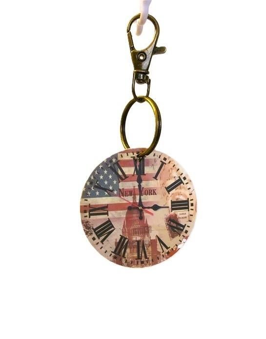 Sleutelhanger New York vintage klok hout rond - metaal brons, Verzenden, Nieuw