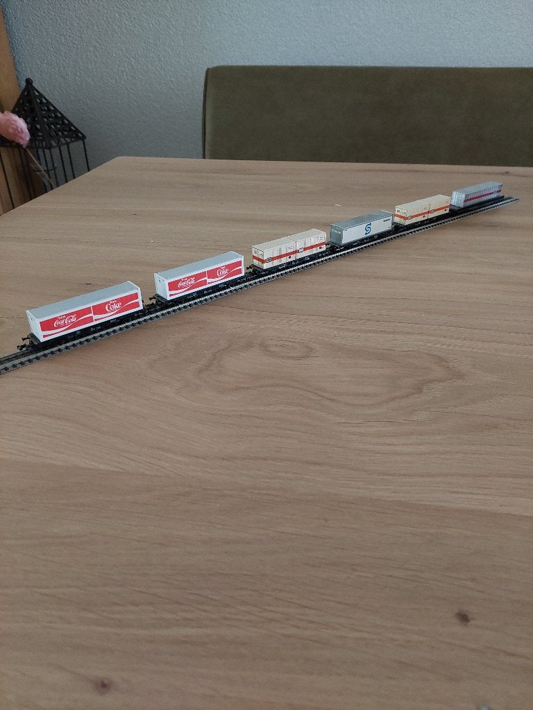 Fleischmann piccolo N container trein, Gebruikt, Gelijkstroom, Fleischmann, Wagon