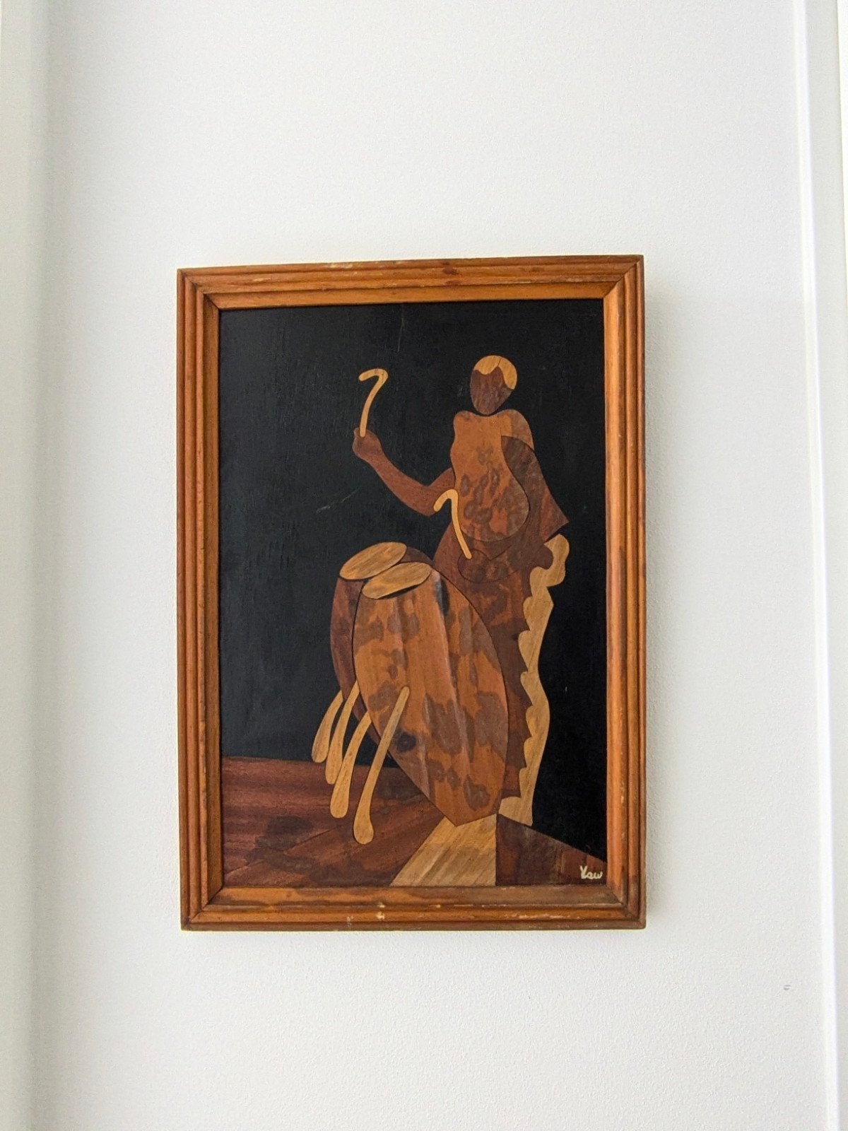 Vintage Houten Inlegwerk Kunstwerk: Afrikaanse Trommelaar, Antiek en Kunst, Ophalen of Verzenden