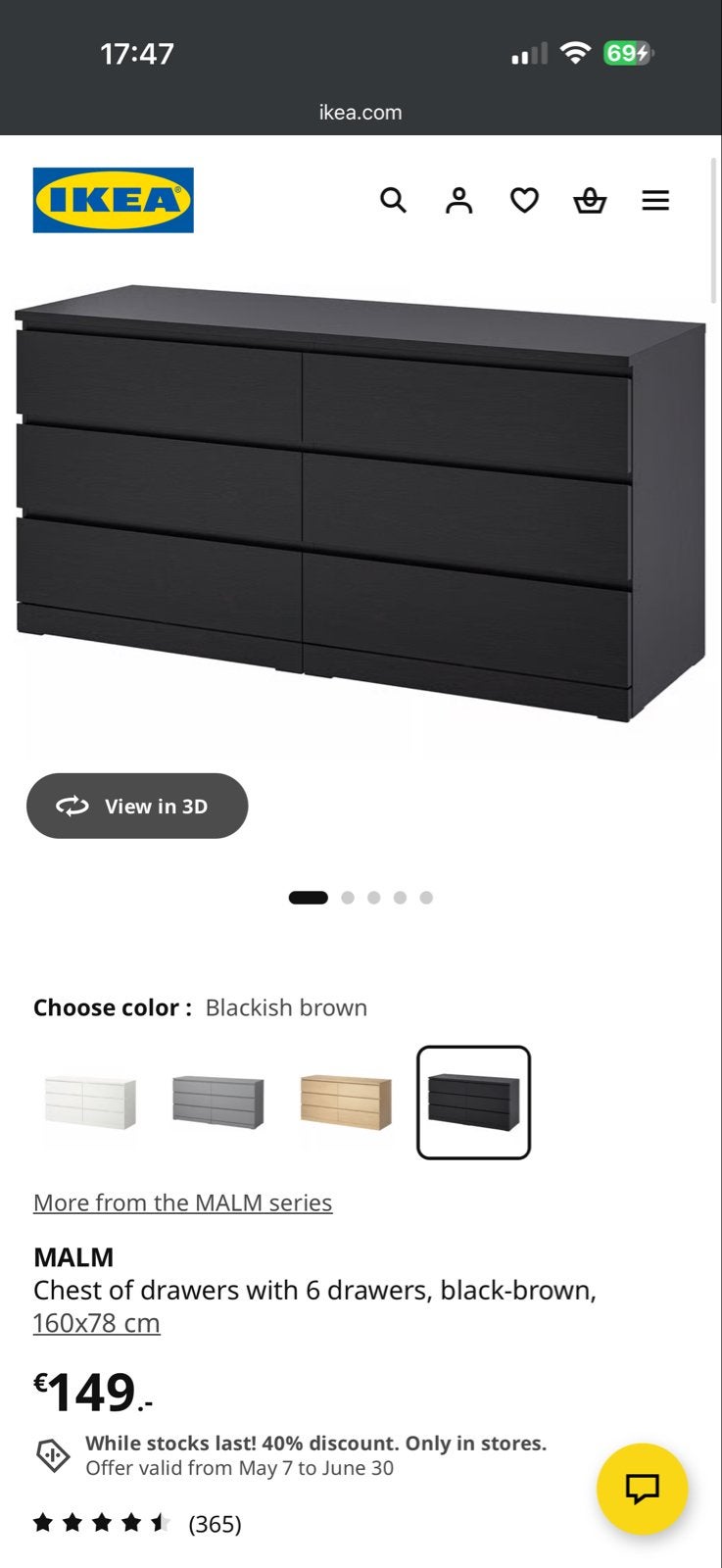 IKEA MALM Ladekast met 6 lades, zwartbruin, 160x78 cm, Huis en Inrichting, Kasten | Ladekasten, Ophalen, Gebruikt, 5 laden of meer