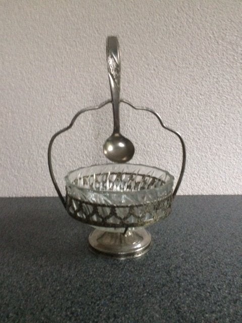 antieke suikerpot/coupe/schaaltje in houder met lepel, Overige typen, Ophalen of Verzenden, Overige stijlen, Glas
