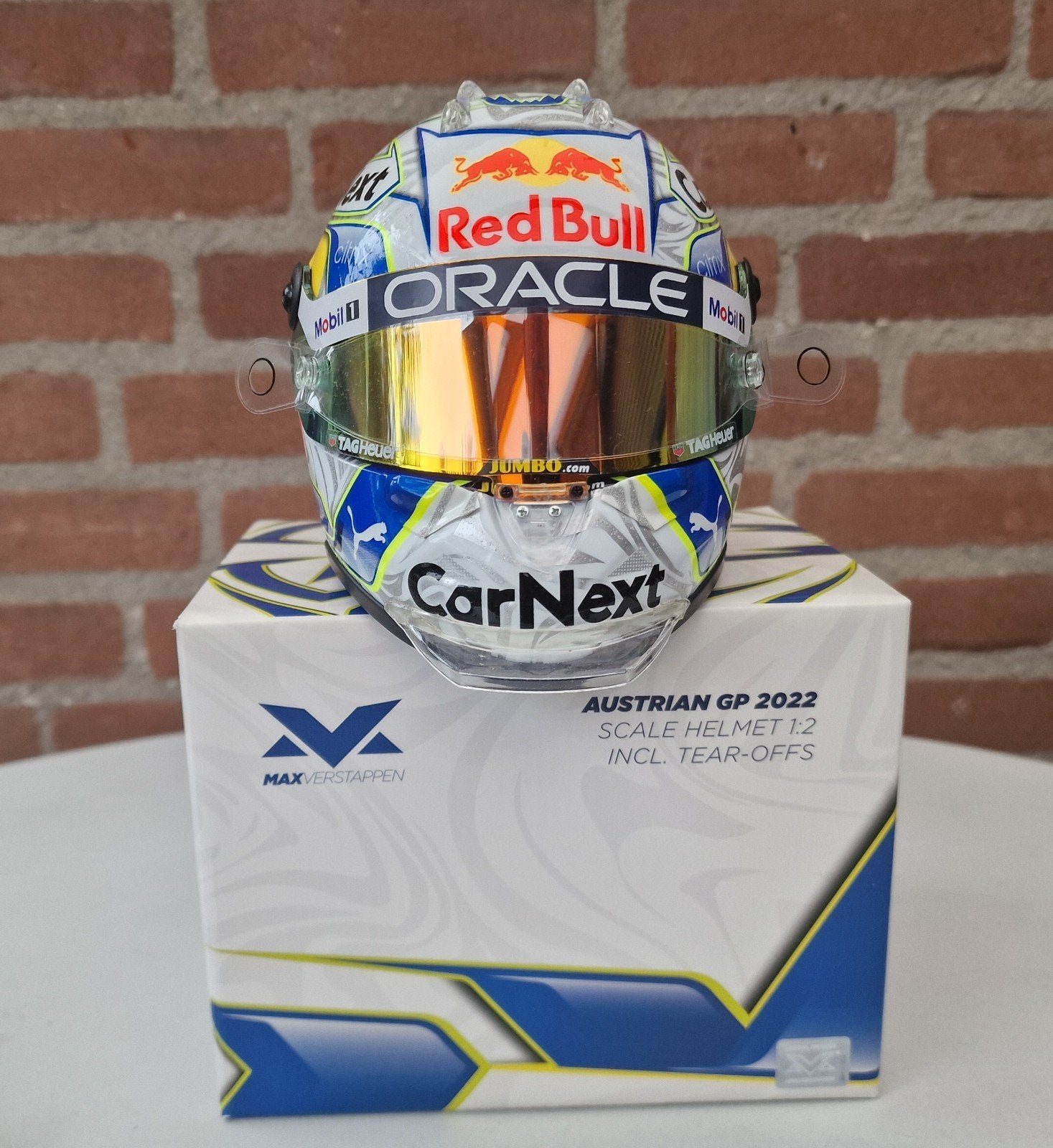 Max Verstappen  Helm 1:2 Oostenrijk Astria GP 2022 + Update, Ophalen of Verzenden, Zo goed als nieuw, Formule 1