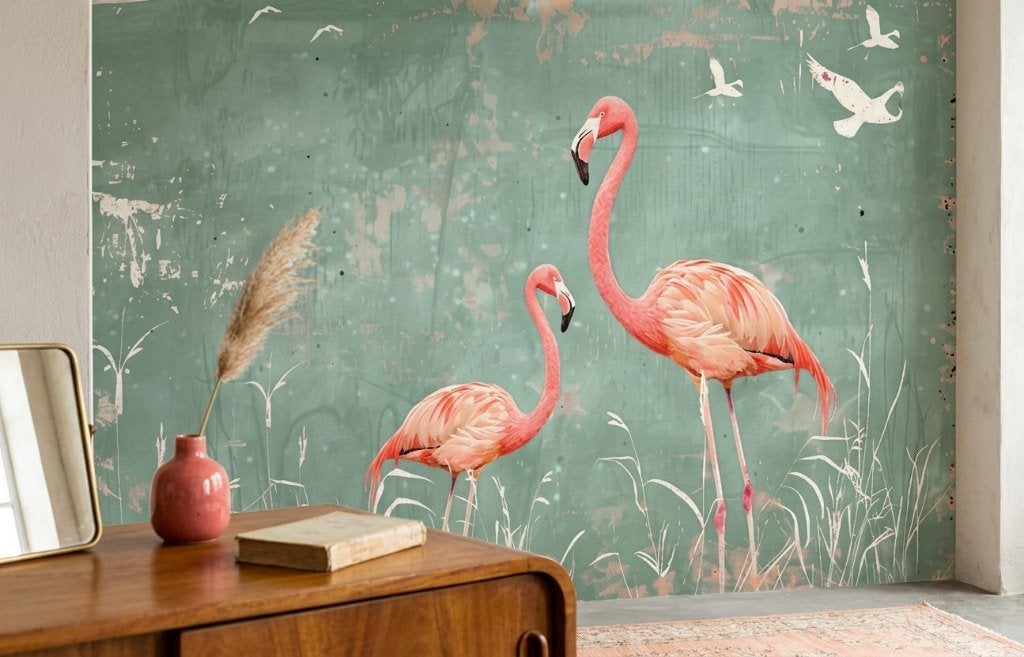 Vogel behang – roze flamingo's op mintgroen, Huis en Inrichting, Overige merken, Groen, Ophalen of Verzenden, Fotobehang