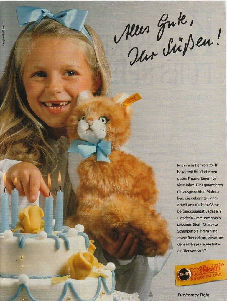 retro reclame 1988 Steiff knuffel poes kat speelgoed, Verzenden, Overige typen