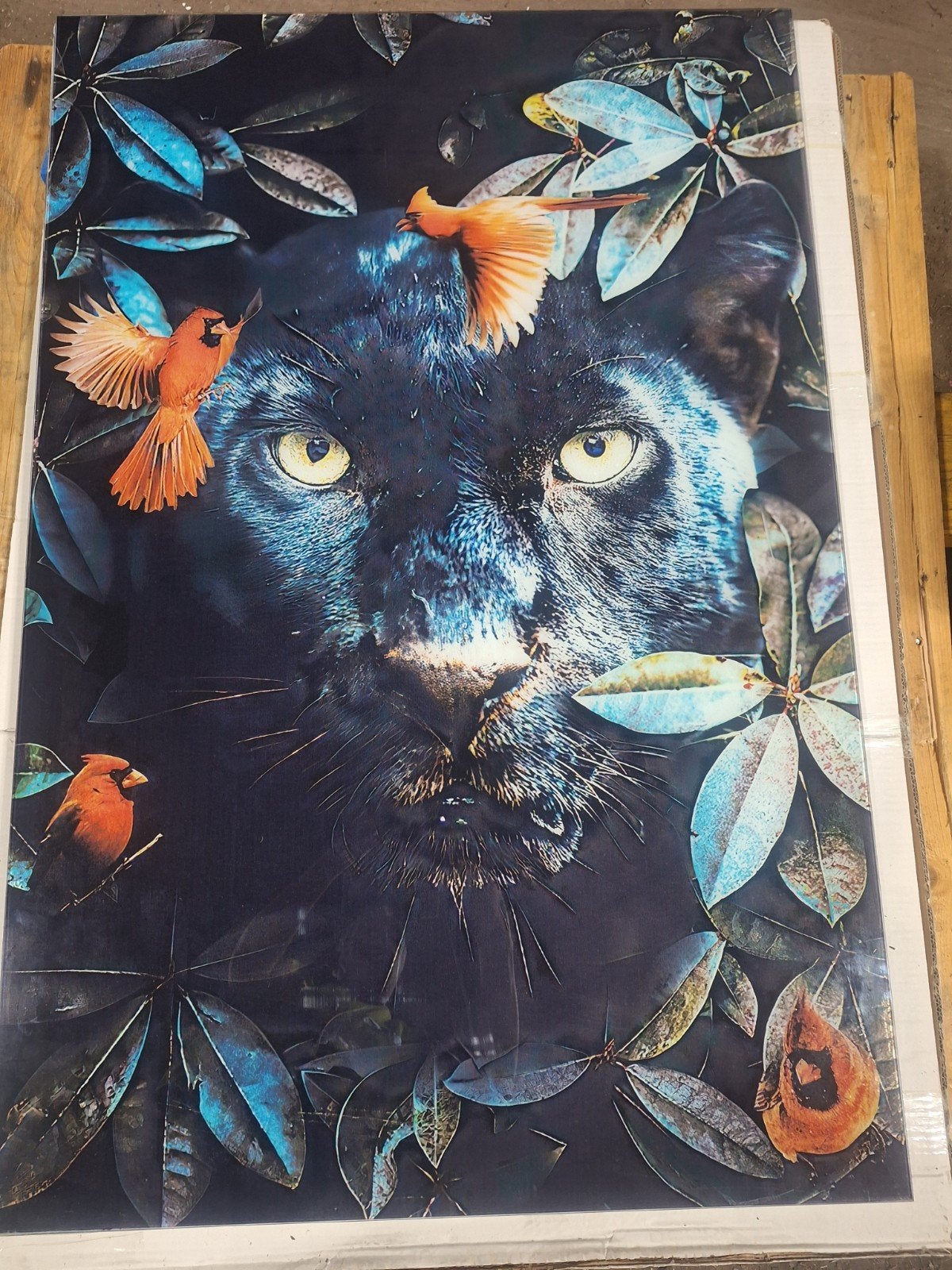 Glazen schilderij zwarte panter met vogels 120x80 cm, Huis en Inrichting, Ophalen, Overige typen, Zo goed als nieuw, 100 tot 125 cm