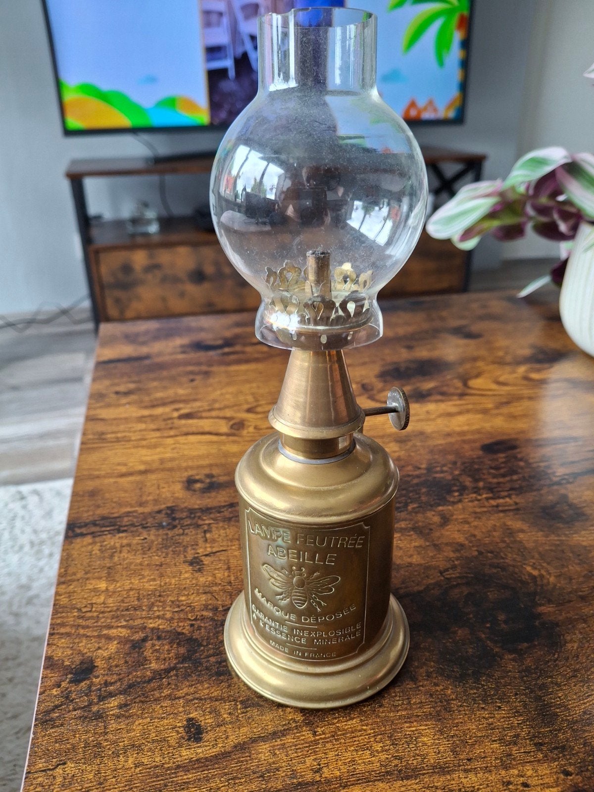 Antieke Messing Olielamp - Lampe Feutrée Abeille, Ophalen of Verzenden