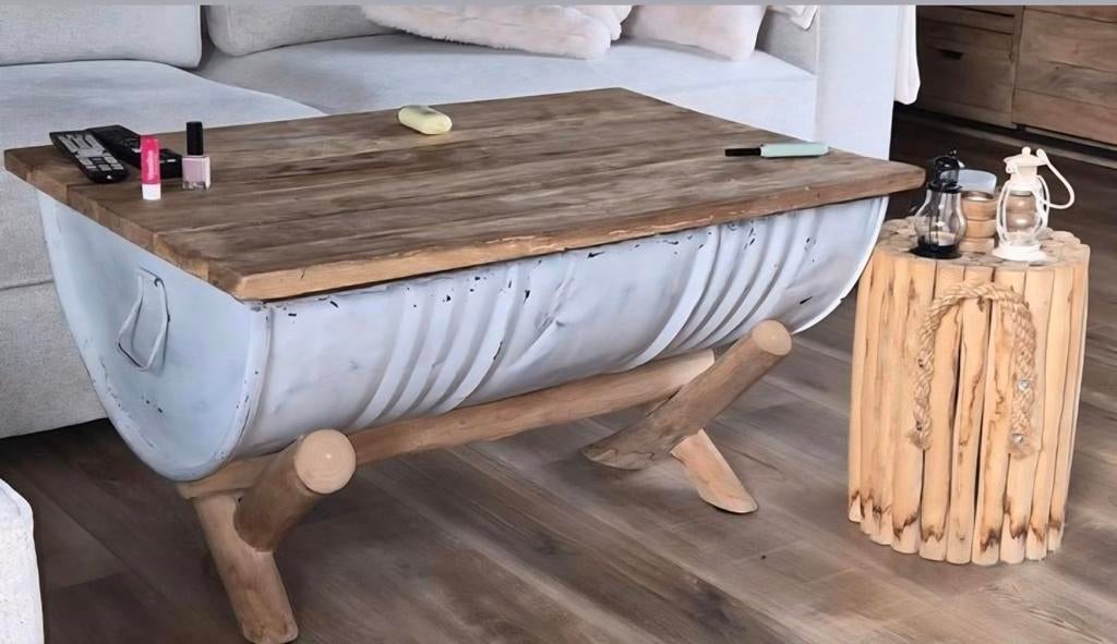Houten halve Ton kist SALONTAFEL, Ophalen of Verzenden, Rechthoekig, 50 tot 100 cm, 50 tot 100 cm