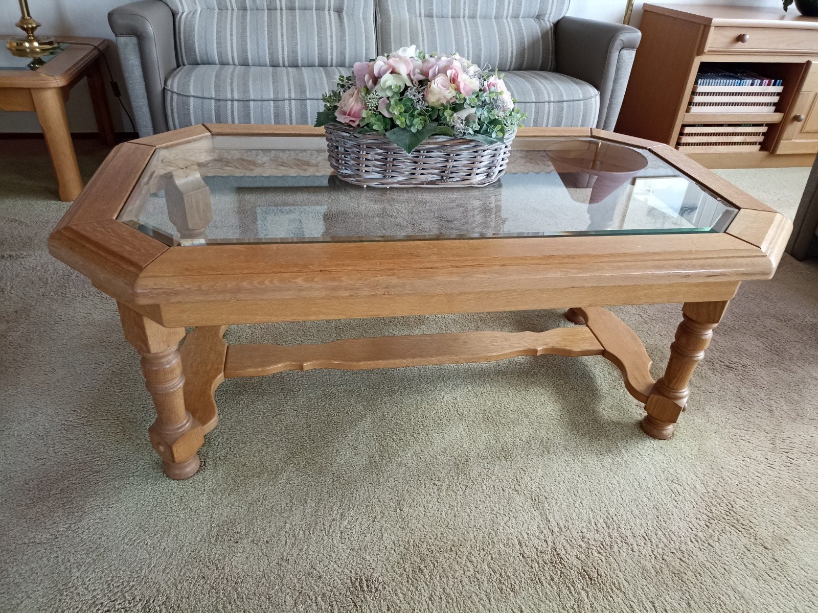 Eikenhouten salontafel met glazen blad 120 x 74, Ophalen, Gebruikt, Klassiek