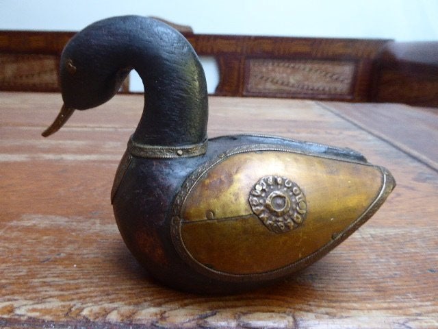Vintage houten eend met messing, Ophalen of Verzenden