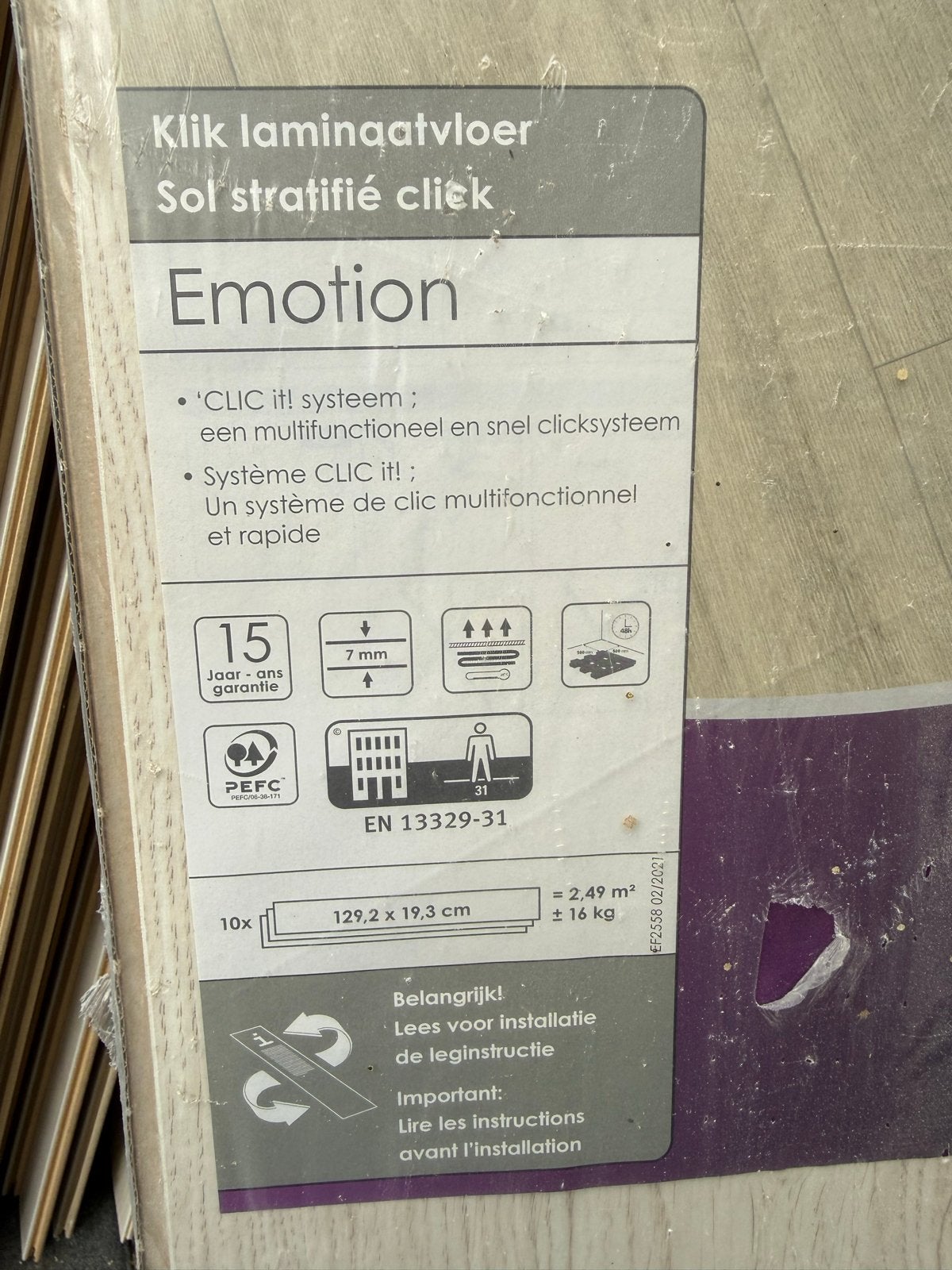 Kliklaminaat Emotion 15 m² - Nieuw in verpakking, Doe-het-zelf en Verbouw, Ophalen, 50 tot 150 cm, Nieuw, 10 m² of meer