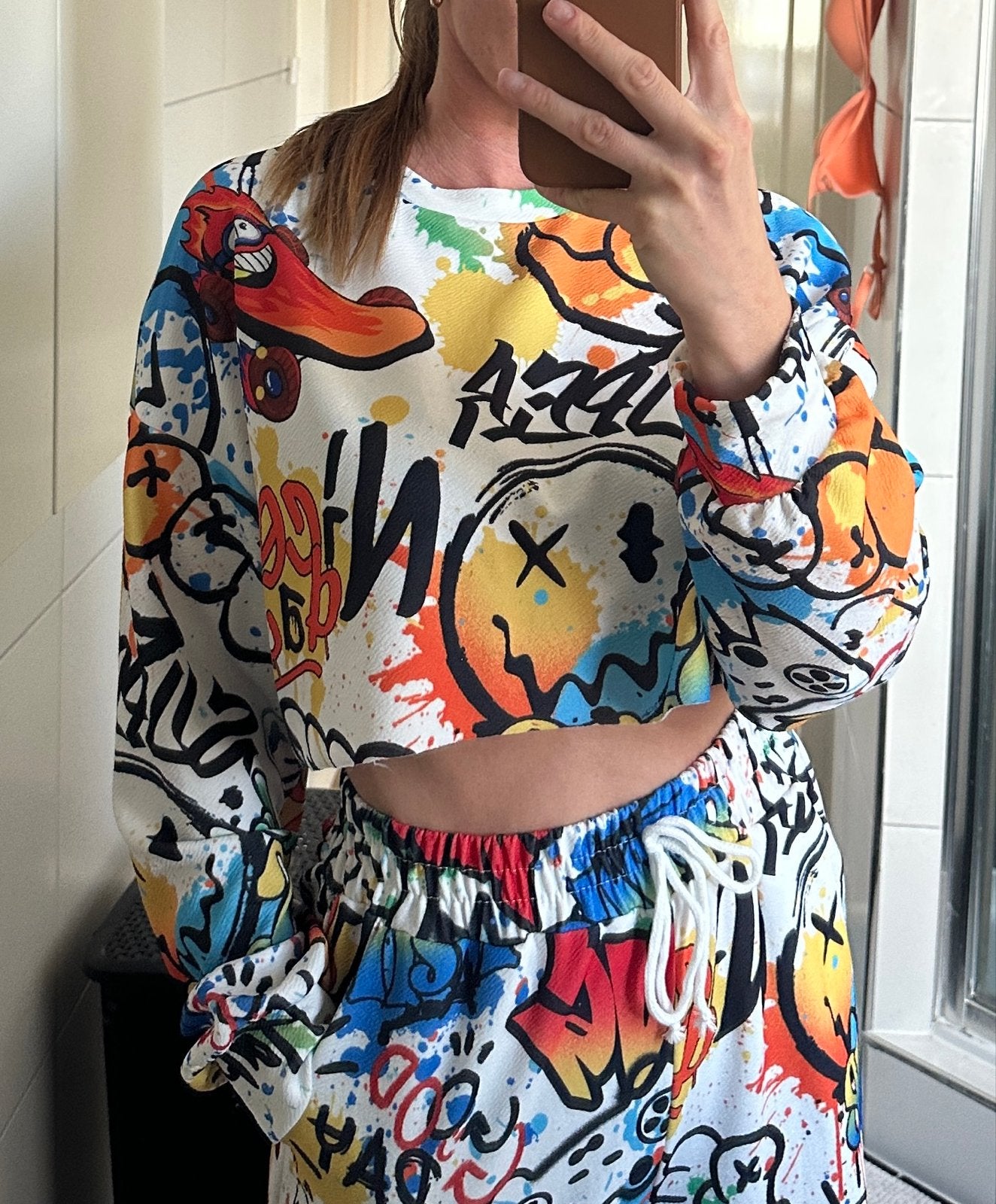 Graffiti Print Cropped Trui & Broek Set, Overige kleuren, Nieuw, Ophalen of Verzenden, Maat 36 (S)