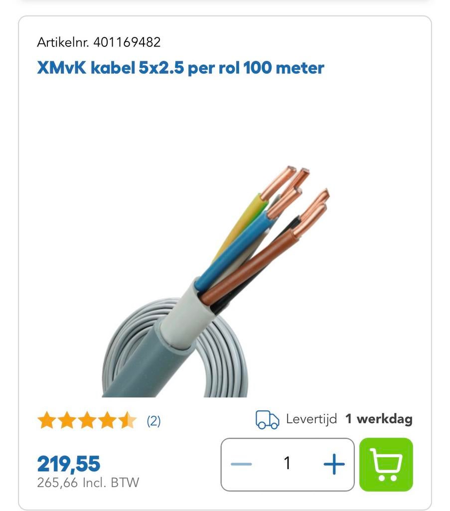 YMvK kabel 5x2,5mm - 100m en 50m rol, Doe-het-zelf en Verbouw, Elektra en Kabels, Ophalen, Nieuw, Kabel of Snoer