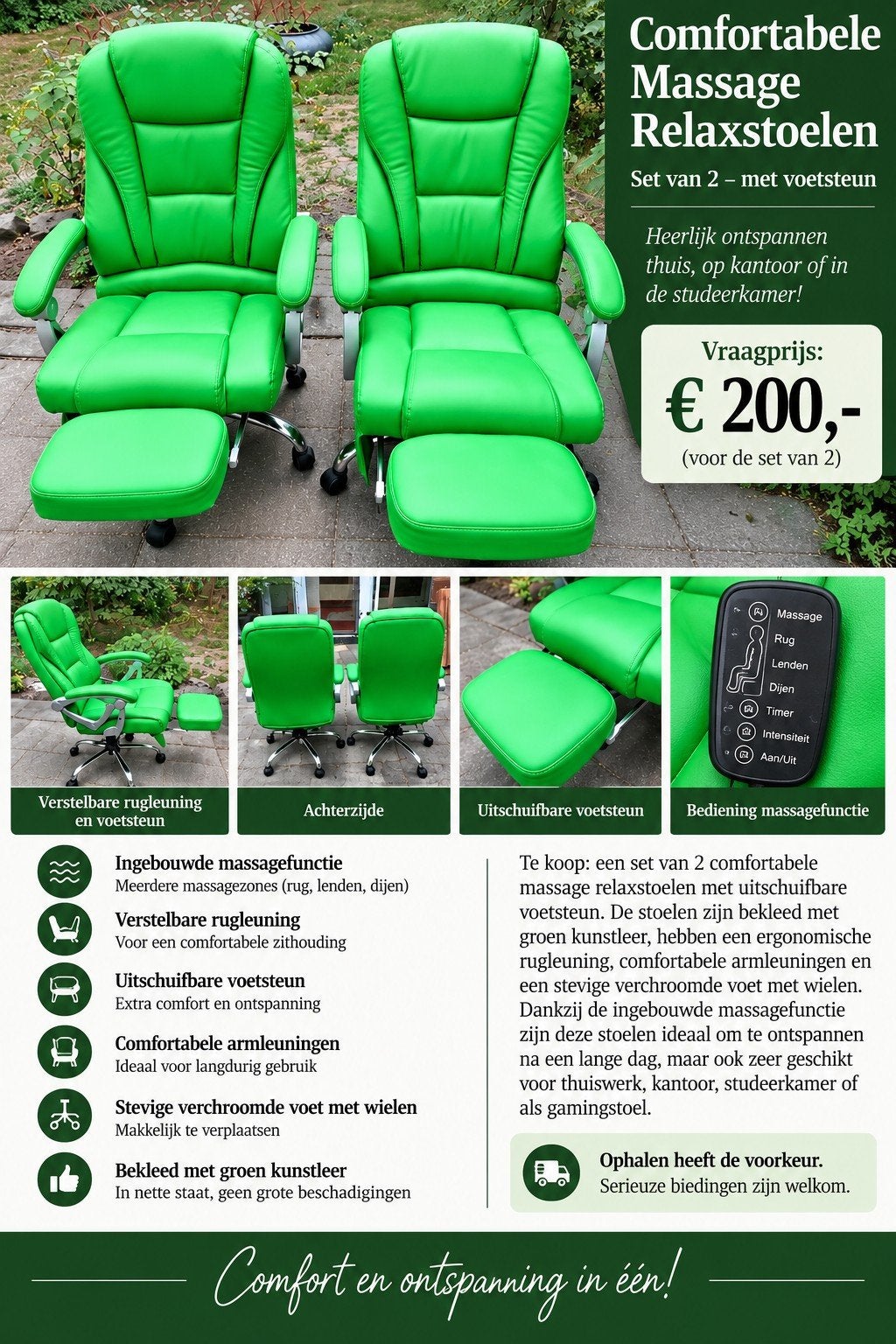 Set van 2: Comfortabele Massage Relaxstoelen met Voetsteun, Ophalen, Gebruikt, Ergonomisch, Bureaustoel