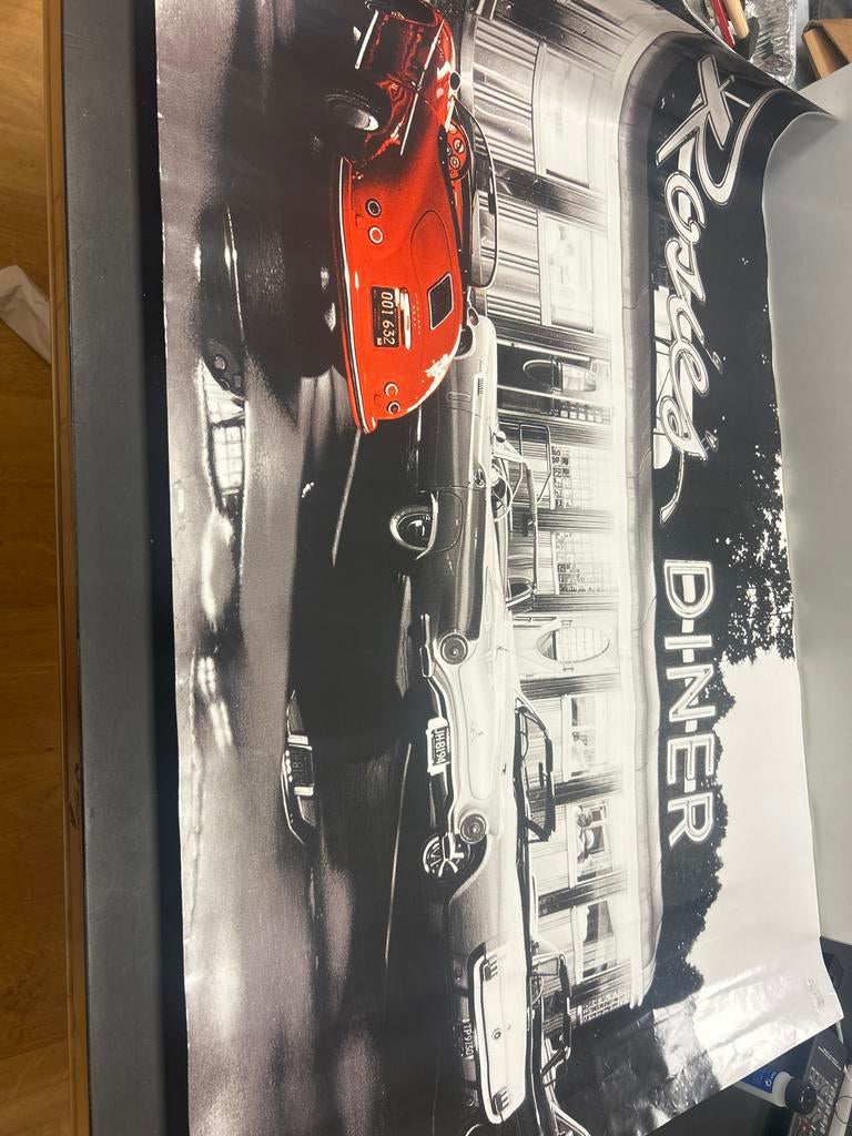 Poster met klassieke porsche en diner, Verzamelen, Ophalen, Zo goed als nieuw