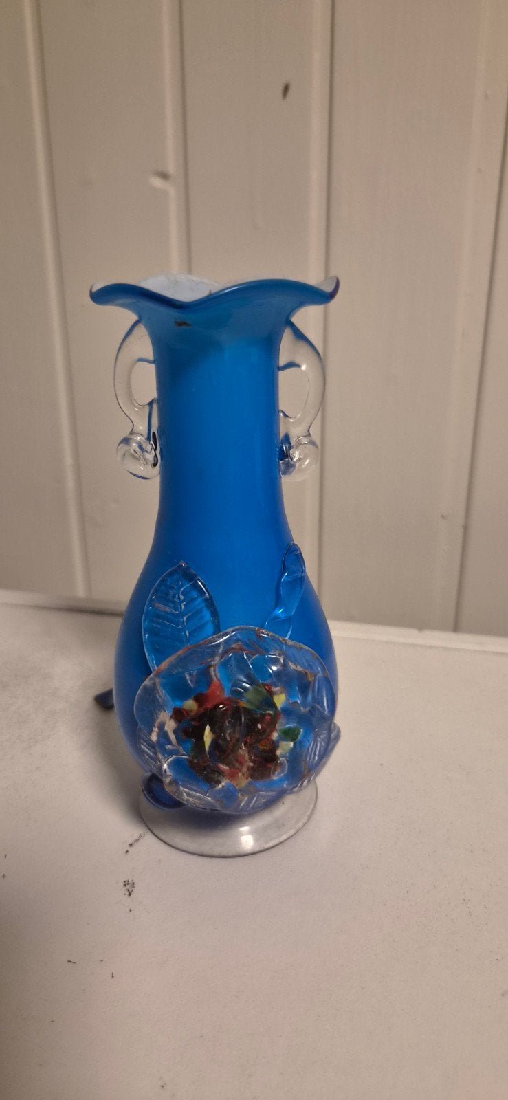 Vintage kobaltblauwe vaas met glazen bloemdecoratie, Ophalen of Verzenden