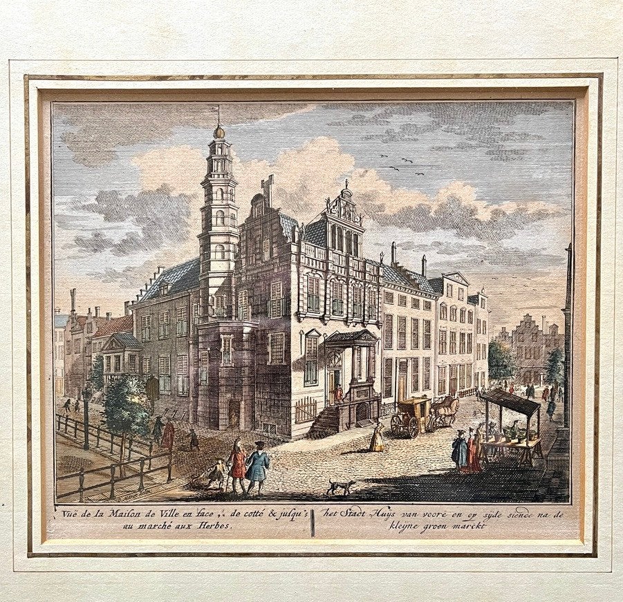 Antieke gravure van Stadhuis Den Haag, Ophalen of Verzenden