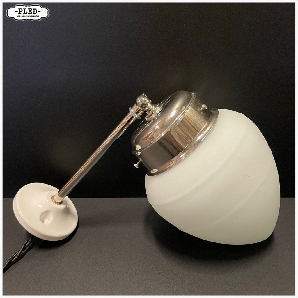 Vintage glazen wandlamp met porseleinen wandplaat, Wit, Overige merken, Gebruikt, Ophalen of Verzenden