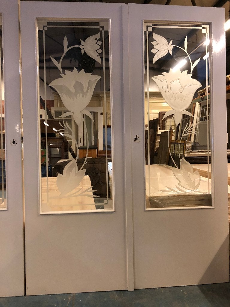 3 stuks identieke antieke deur met geëtst glas bloem., Antiek en Kunst, Ophalen