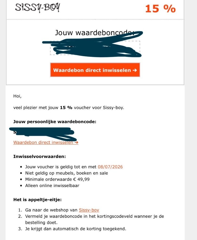 15% kortingscode Sissy-Boy, Eén persoon, Kortingsbon, Overige typen