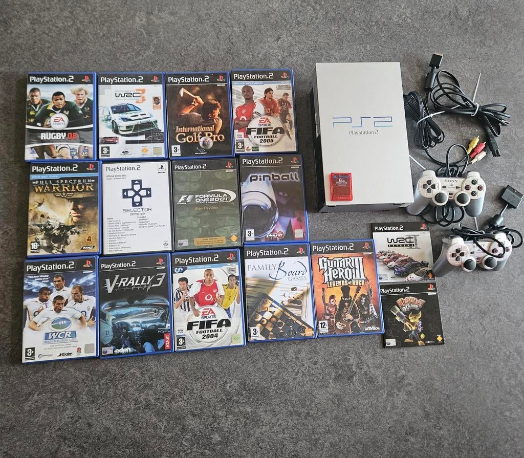 PlayStation2 Silver Satin Phat met 15 Games en 2 Controllers, Ophalen of Verzenden, Gebruikt, Zilver