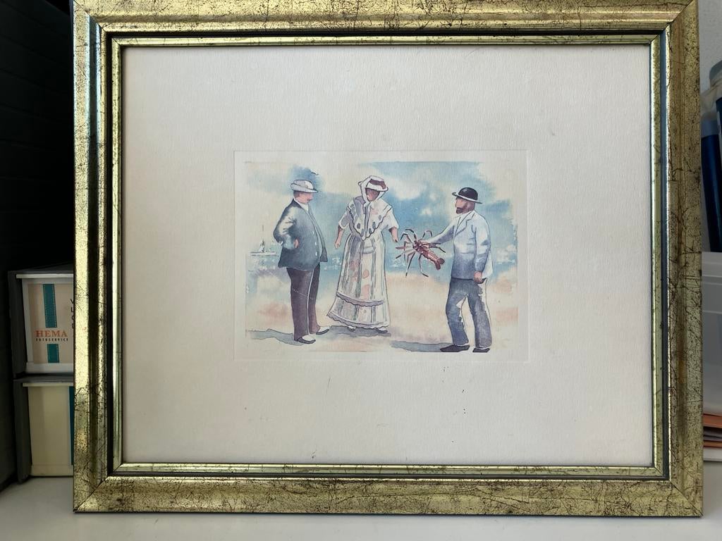 Man biedt vrouw kreeft aan. Aquarel., Antiek en Kunst, Kunst | Schilderijen | Klassiek, Ophalen of Verzenden