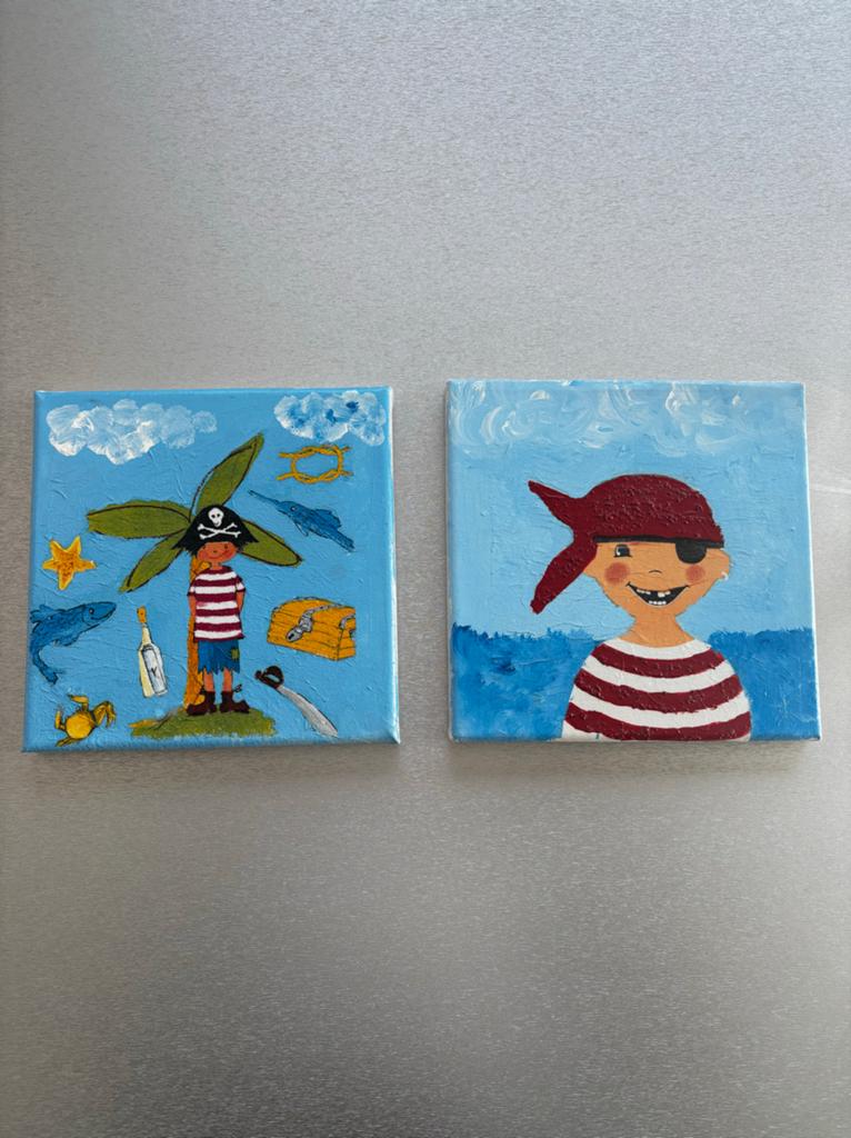 Twee handgeschilderde piraten schilderijtjes voor kinderkame, Minder dan 50 cm, Nieuw, Ophalen of Verzenden, Schilderij