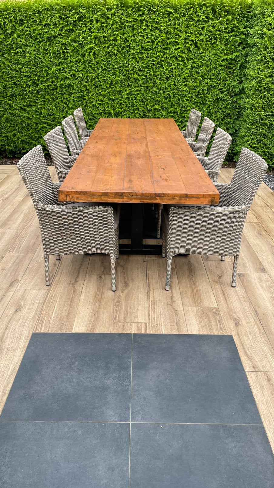 Tuintafel + 8 kunststof riet stoelen, Tuin en Terras, Ophalen, Gebruikt, Hout, 8 zitplaatsen