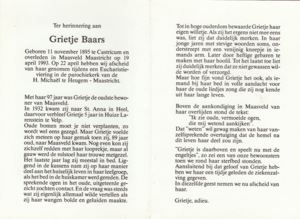 grietje baars-castricum-maastricht 1993, Ophalen of Verzenden, Bidprentje