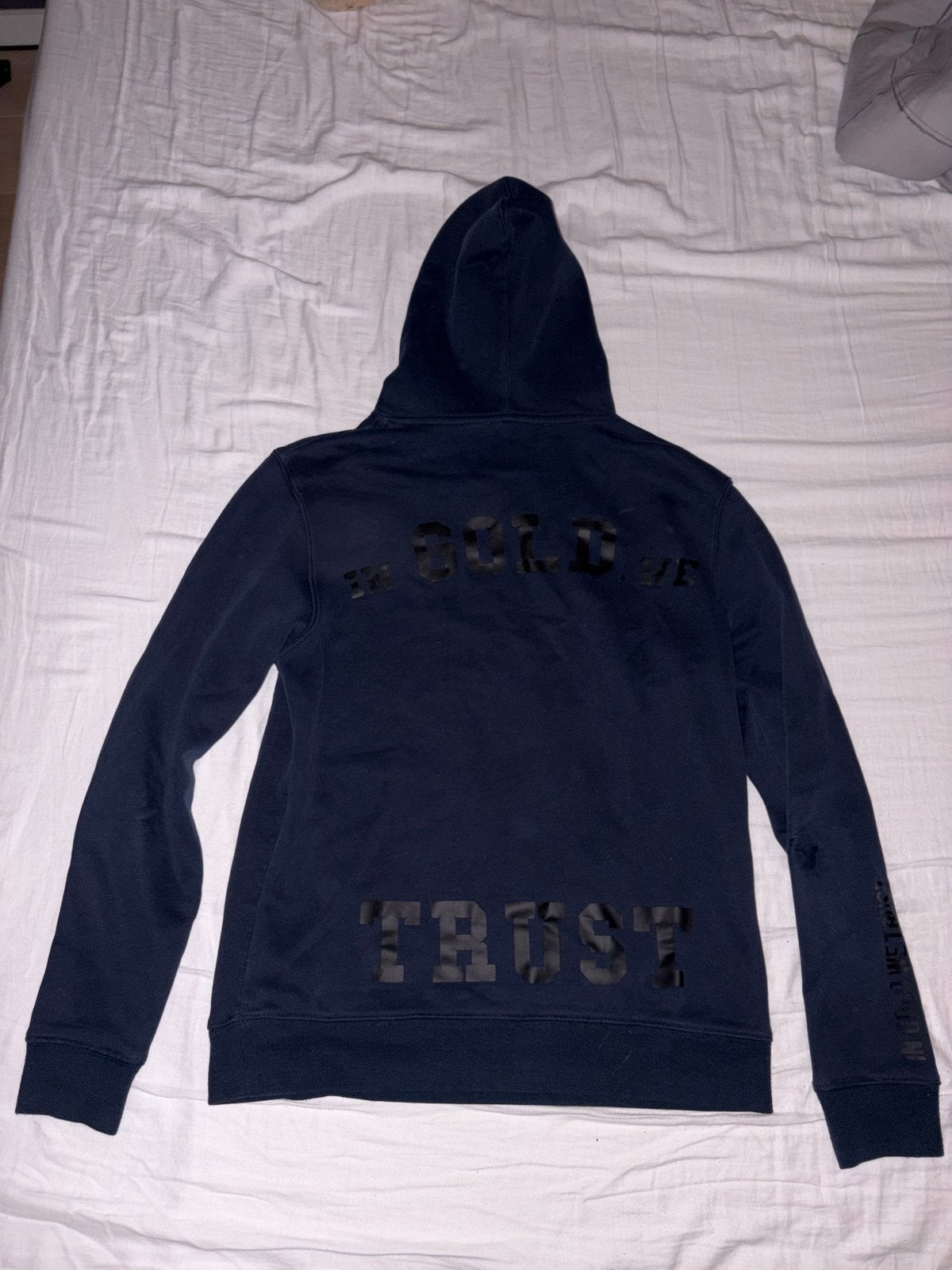 In Gold We Trust hoodie - Donkerblauw, Ophalen of Verzenden, Gedragen, Maat 46 (S) of kleiner, Blauw