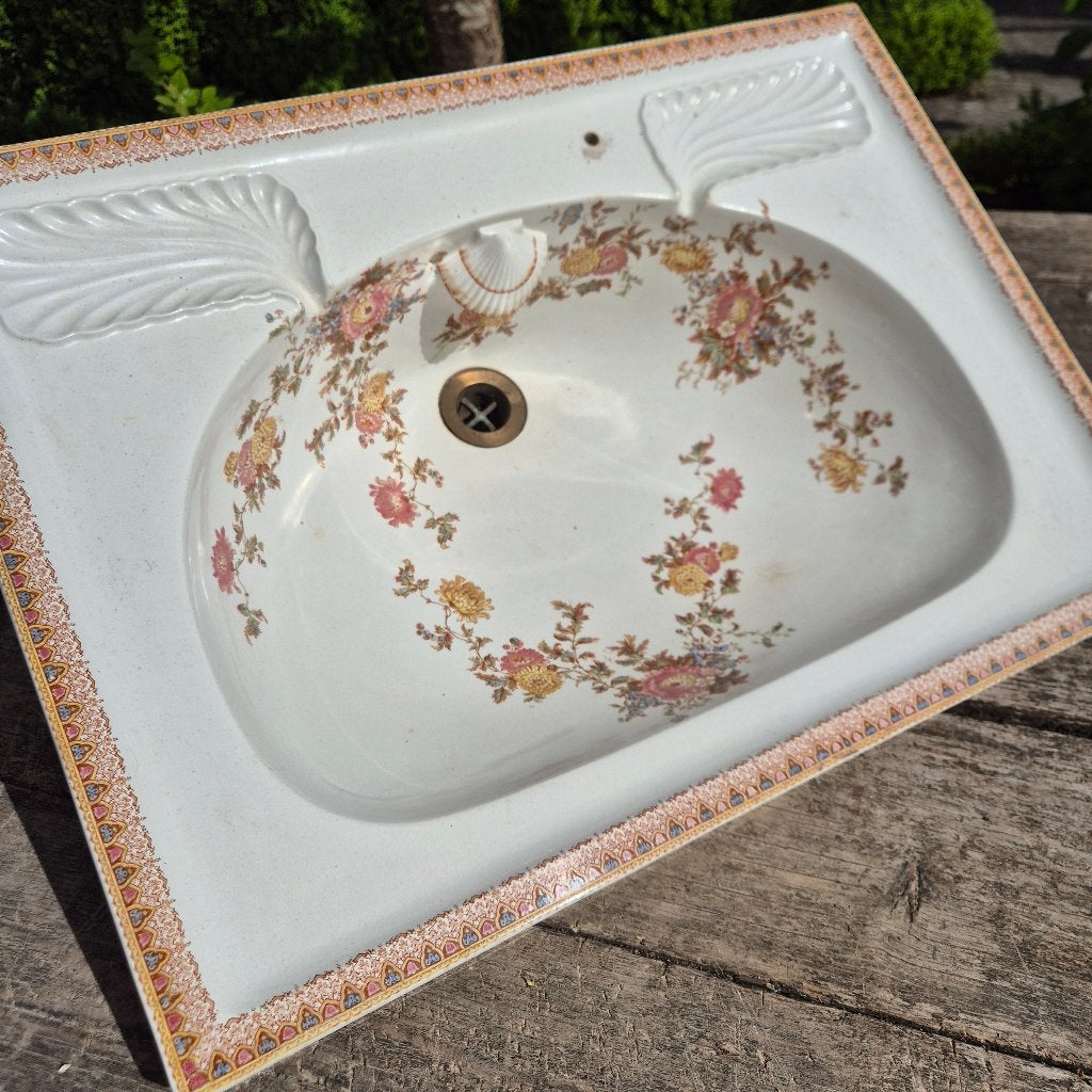 Antieke wastafel met bloemen en decorrand 64x46cm, Ophalen