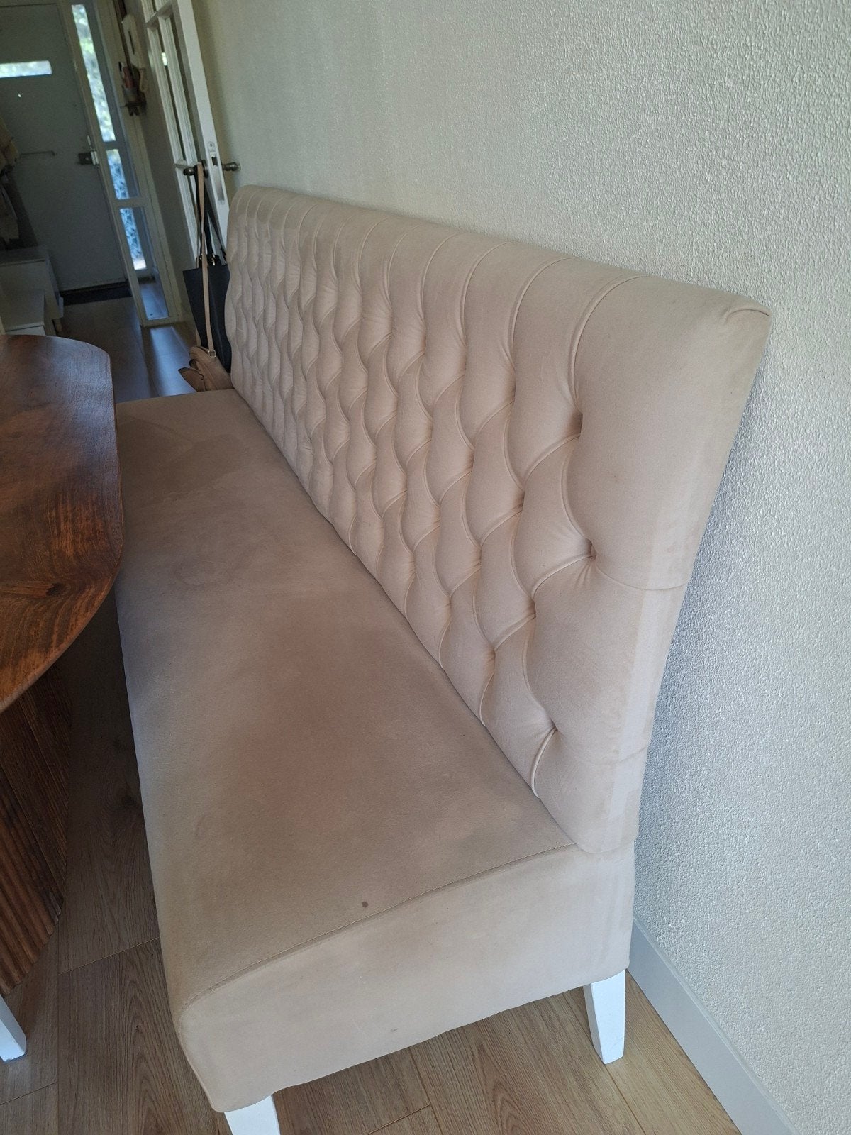 Elegante eetkamerbank en stoelen - Beige stof, Ophalen, Gebruikt, Klassiek, Elegant, Landelijk, Overige kleuren