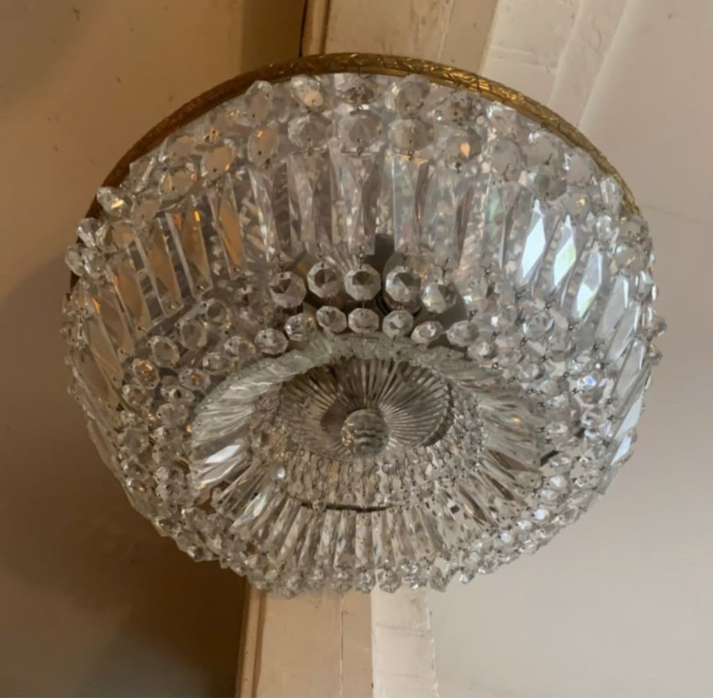 Vintage kristallen kroonluchter jaren ’60 – Palazzo stijl, Huis en Inrichting, Gebruikt, E27 (groot), Glas, Antiek