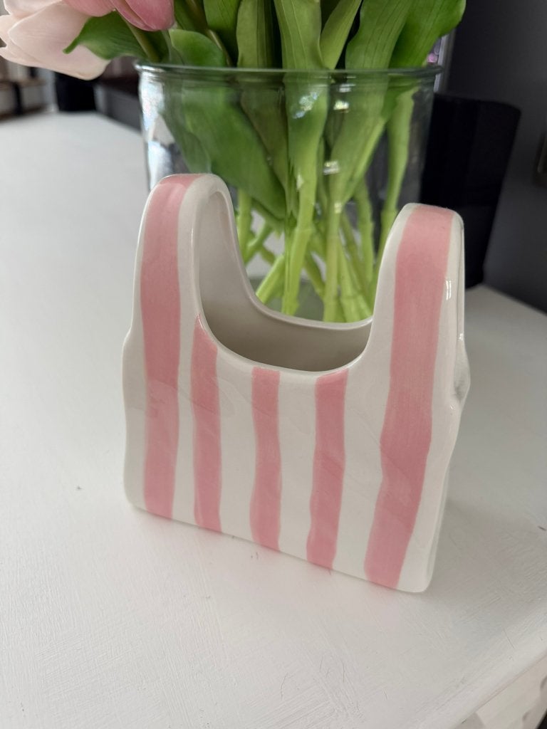 ZGAN > Roze Wit Tas Vaasje / 15,5 cm hoog, Verzenden, Zo goed als nieuw, Roze, 15 cm
