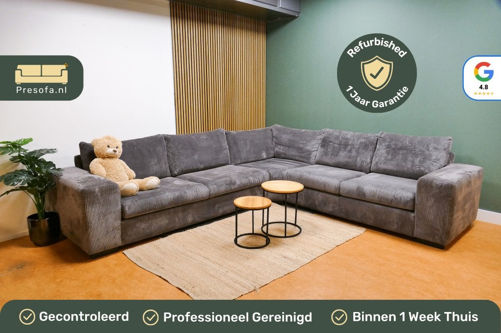 Grote Lounge Hoekbank Ribstof Antraciet [Refurbished], Hout, -, Lounge, -
