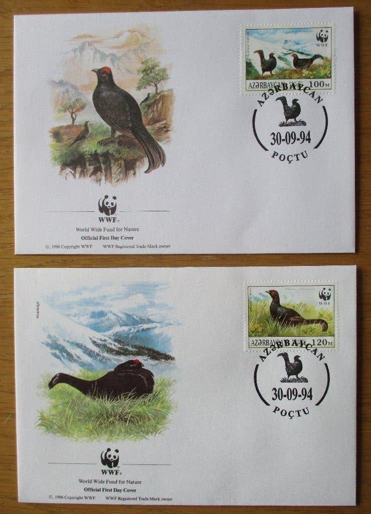 Azerbeidzjan, WWF serie FDC's Kaukasisch korhoen, 1994, Verzenden, Gestempeld, Dier of Natuur